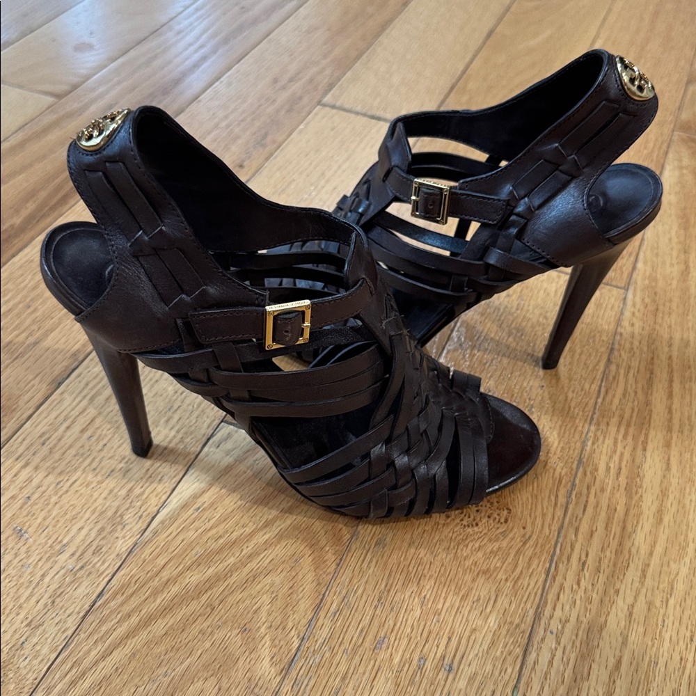 Tory Burch Brown Strappy High Heels with Gold Accents